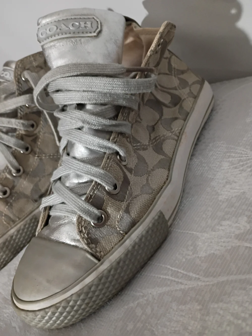 Coach Metallic Silver Monogram High-Top Sneakers